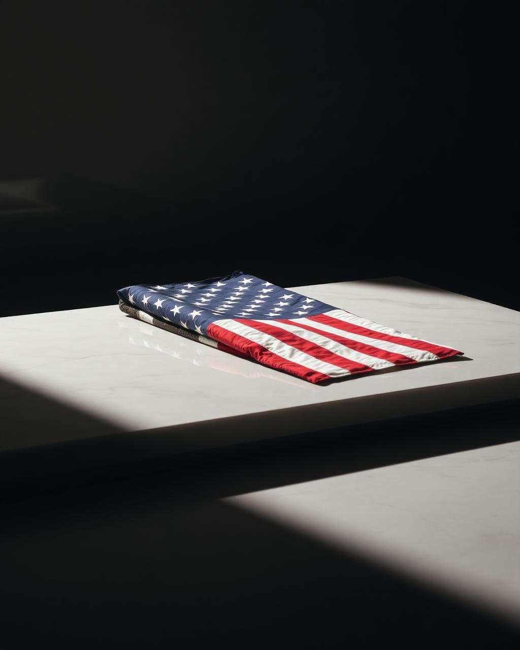 A folded American flag on a marble pedestal, illuminated by dramatic side light